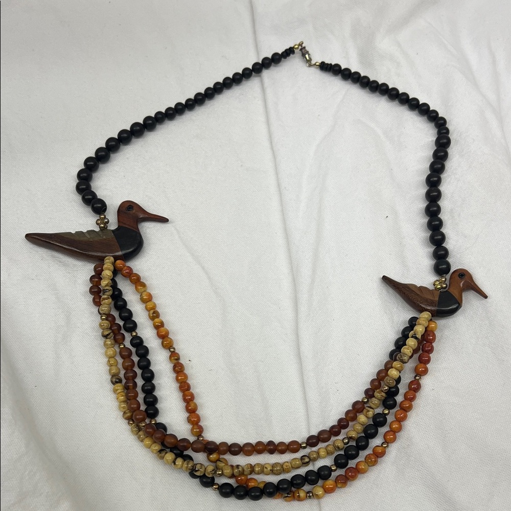 Vintage Multicolor Beaded Necklace with Bird Accents